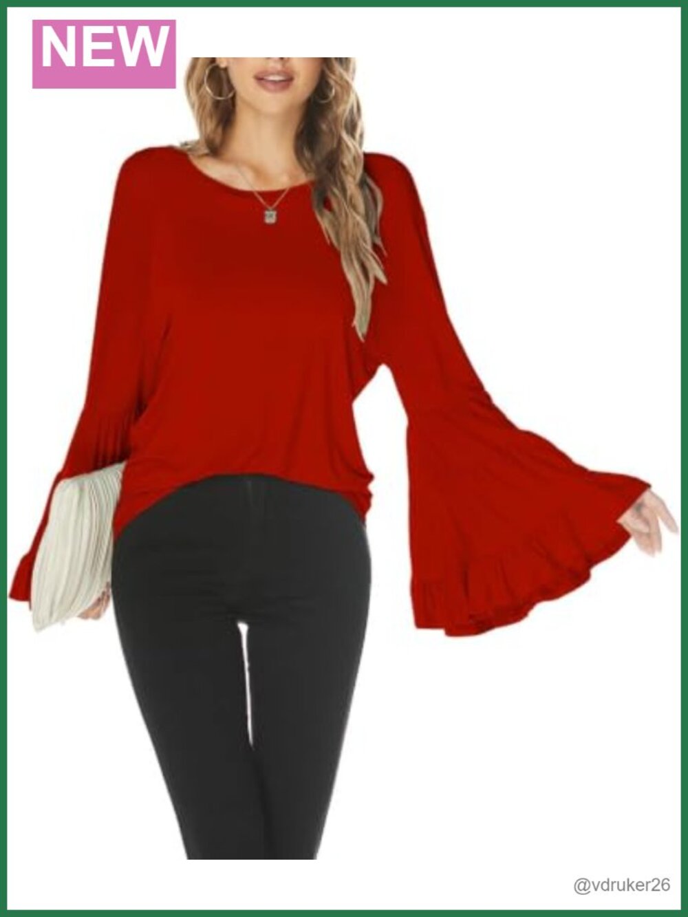Hount Women Casual Long Bell Sleeve Tops Loose Crew Neck Flare Sleeve Shirt